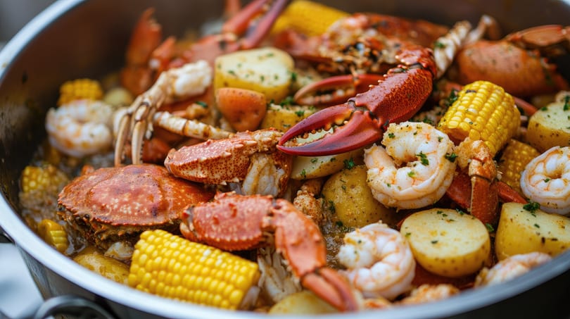 Close-up of a seafood boil with crabs, shrimp, corn on the cob, and potatoes in a pot.