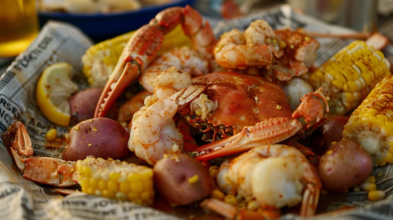 Close-up of a seafood boil with crab, shrimp, corn on the cob, and potatoes.